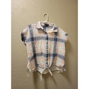 Sanctuary Women's Plaid Shirt Tie Front Button Up Collar White Pink Blue Sz Med